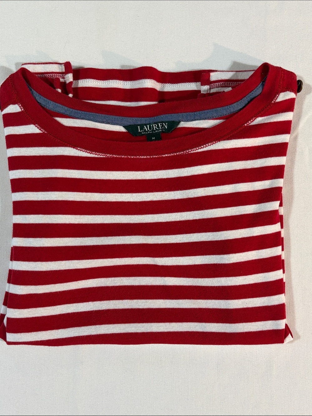 Lauren Ralph Lauren Short Sleeve Top Button-Sleeve Medium Red White Striped - Picture 12 of 13